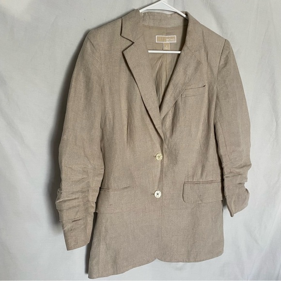Michael Kors Linen Khaki Blazer with Ruched Sleeves sz M - Picture 9 of 12